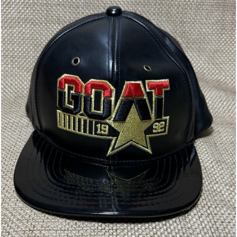 Vtg 1992 Goat Hat Patent Black Gold Star Snapback Cap 90s Hip Hop Urbanwear